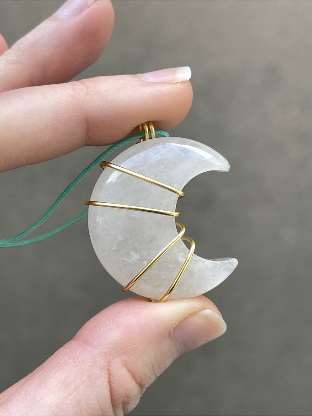 Clear Quartz Crystal Moon Necklace Gold Tone Wire Wrap on Aqua Nylon Cord